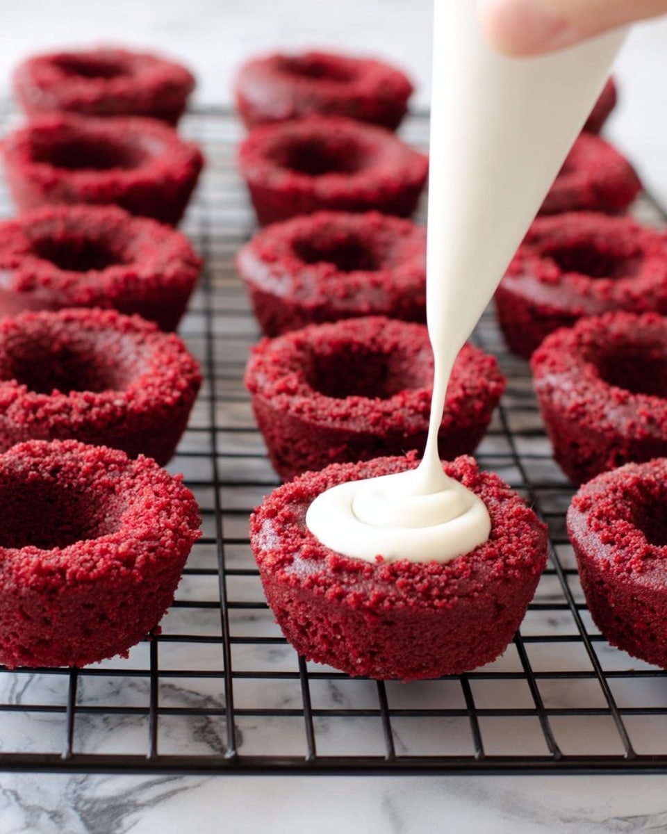 Several small red velvet cookie cups are arranged in rows on a black wire rack placed over a white marbled surface. Each cookie cup has a hollow center with a rough, crumbly texture. A white piping bag held by a woman's hand is squeezing smooth white cream filling into one of the cookie cups in the front row. The contrast between the deep red of the cookies and the bright white of the cream filling is clear. Photo taken with an iphone --ar 4:5 --v 7