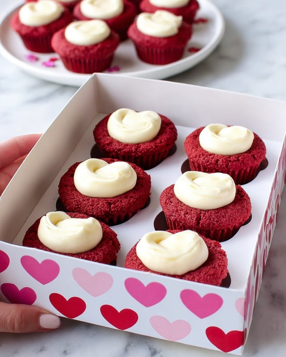 Nine small red velvet cupcakes with smooth, creamy white frosting dots on top are arranged neatly in three rows inside a white box decorated with a pattern of alternating red and pink hearts along the side. In the background, there is another white plate with more red velvet cupcakes that have the same white frosting dollops, all set on a white marbled surface. A woman's hand is gently holding the box on the left side of the image. photo taken with an iphone --ar 4:5 --v 7