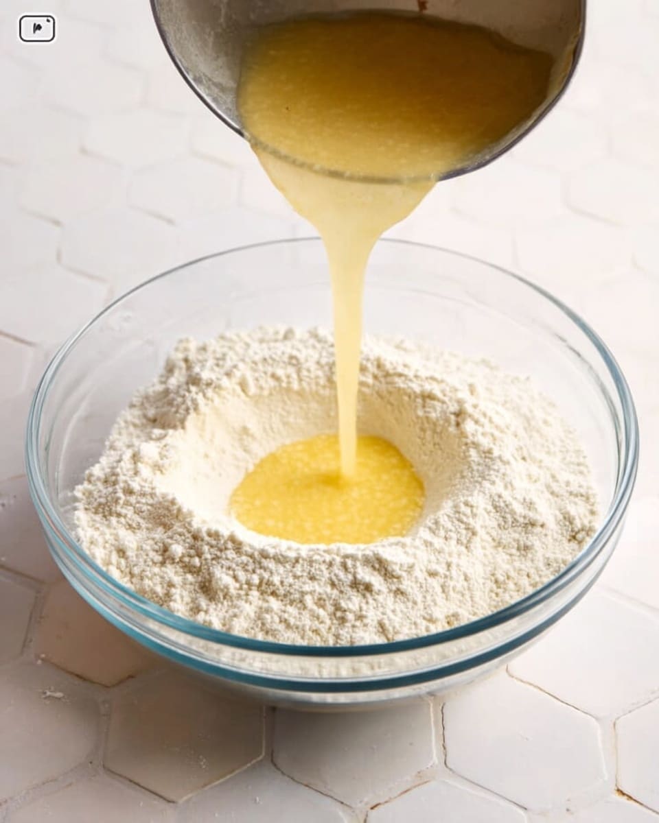 A clear glass bowl filled with a white powdery base, likely flour, with a small well in the center where a golden-yellow liquid is being poured from a small metal saucepan. The liquid is smooth and glossy, creating contrast with the matte texture of the powder around it. The bowl sits on a white marbled textured surface with subtle hexagon tile patterns in the background. photo taken with an iphone --ar 4:5 --v 7