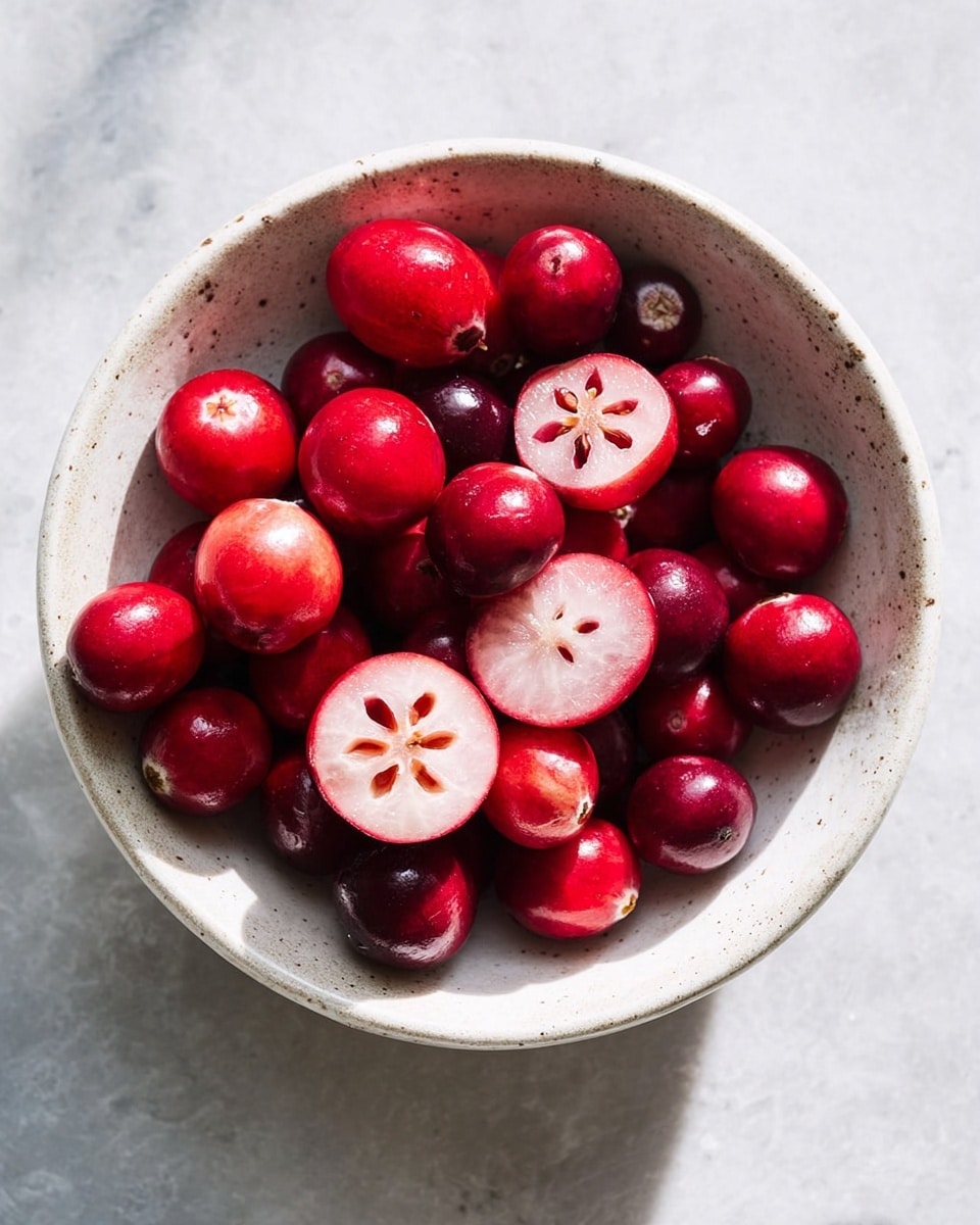 A white speckled bowl is filled with bright red cranberries, some whole and some cut in half showing their pale pink inner flesh and star-shaped seed patterns. The cranberries have a smooth and shiny texture, with the whole ones round and firm while the halves reveal a soft interior. The bowl sits on a white marbled surface, and soft natural light creates gentle shadows and highlights on the cranberries, enhancing the contrast between the deep red outer skin and the light inside. photo taken with an iphone --ar 4:5 --v 7