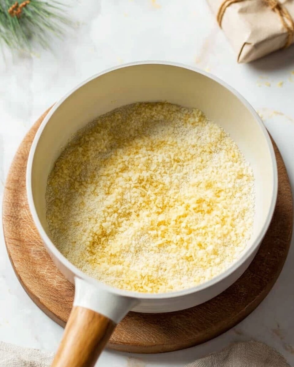 A white saucepan with a wooden handle sits on a round wooden board, placed on a white marbled surface. Inside the saucepan, there is a single layer of cooked yellow rice, with some small clumps and a lightly fluffy texture. The rice varies slightly in shades of pale yellow to golden, showing a gentle softness. The background is soft and out of focus with hints of greenery and a small wrapped item in the corner, drawing attention to the saucepan. photo taken with an iphone --ar 4:5 --v 7