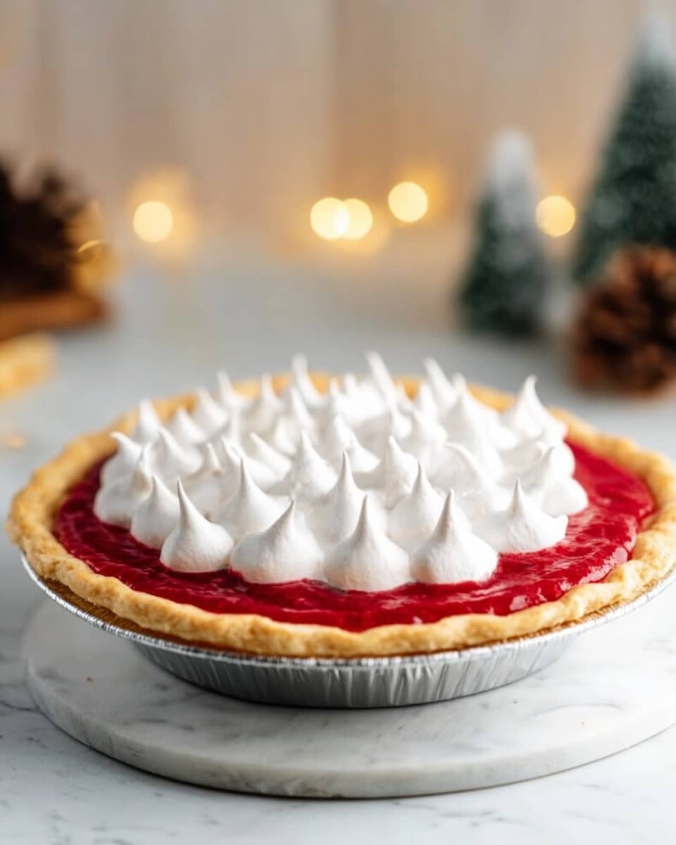 The image shows a pie in a silver pie tin placed on a white marbled surface. The pie has a golden-brown crust surrounding a bright red filling that is smooth and glossy. On top of the red filling is a layer of white meringue, formed into small sharp peaks tightly packed together, creating a fluffy texture that covers the entire filling. The background is softly blurred with warm white bokeh lights and some holiday decorations, giving a cozy feeling. photo taken with an iphone --ar 4:5 --v 7