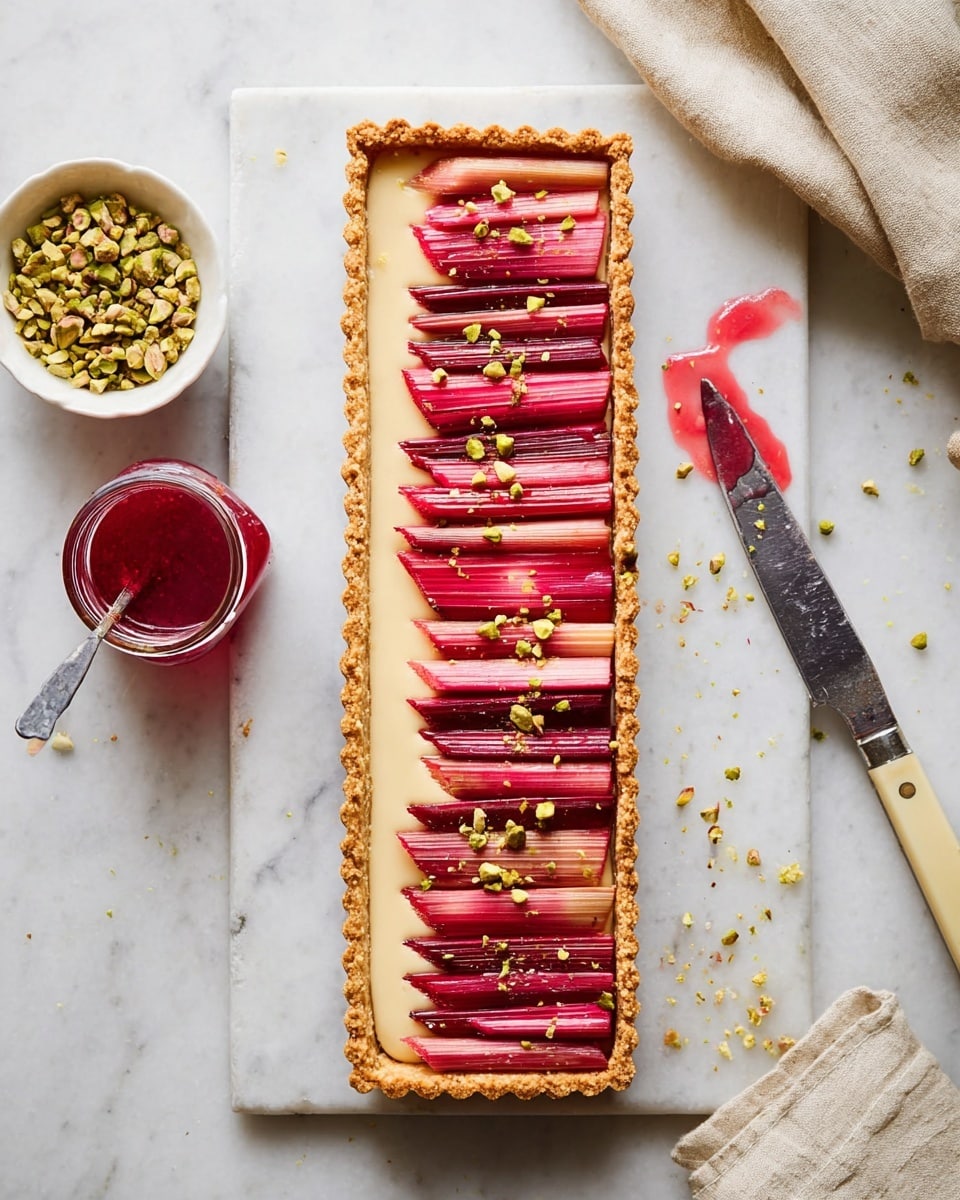 A long rectangular tart with a golden brown crust forms the base. On top, there are two clear sections: one half is creamy light beige smooth filling, and the other half is lined with bright red and pink rhubarb stalks arranged closely in parallel, slightly angled. Some small green pistachio pieces are scattered over the red rhubarb. The tart is placed on a white marbled surface beside a small white bowl of chopped pistachios, a jar of red liquid with a spoon, and a knife with a beige handle with a few drops of red liquid nearby. A soft beige cloth is in the top right corner. Photo taken with an iphone --ar 4:5 --v 7