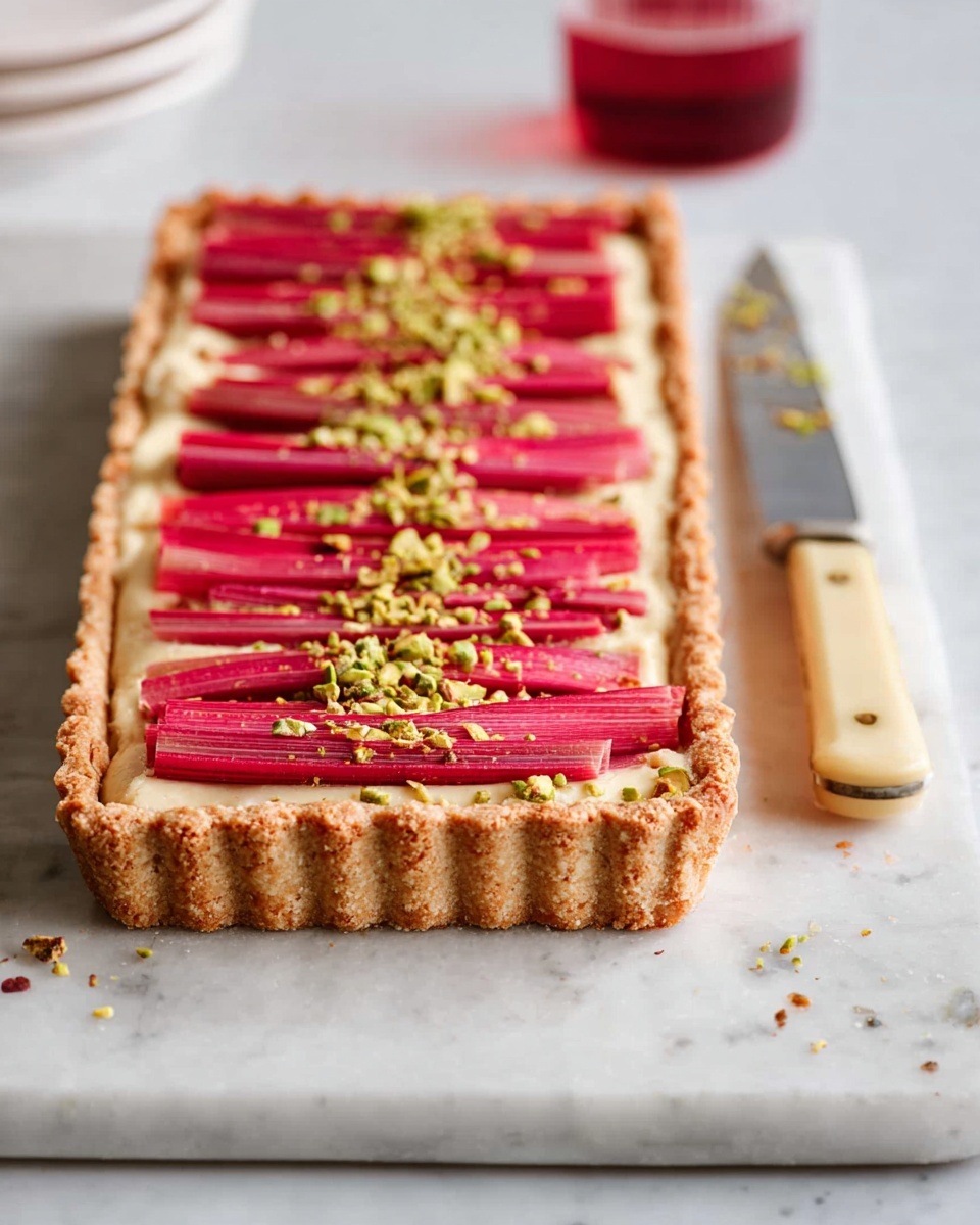 A rectangular tart with a golden brown crust that has a ridged edge, filled with a smooth, pale cream layer. On top, there are bright pink rhubarb sticks arranged in a neat row, leaning diagonally from one side to the other. Small pieces of green pistachio nuts are sprinkled over the rhubarb sticks, adding texture and color contrast. The tart is set on a white marbled surface, with a knife with a light handle on the right side and a glass with red liquid blurred in the background. photo taken with an iphone --ar 4:5 --v 7