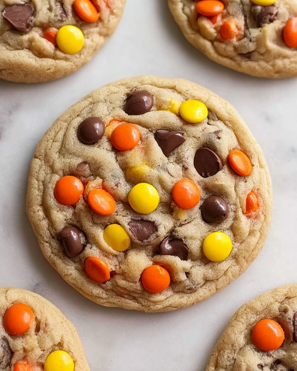 A close-up of a round cookie with a light golden-brown base that looks soft and slightly cracked. The cookie is filled with three types of candy pieces scattered unevenly but densely: orange and yellow smooth round candies, and darker brown shiny chocolate chips that are slightly melted. The cookie rests directly on a white marbled surface, and similar cookies are partially visible around the edges. The texture of the cookie looks soft and chewy in the middle with a slightly crisp edge. photo taken with an iphone --ar 4:5 --v 7