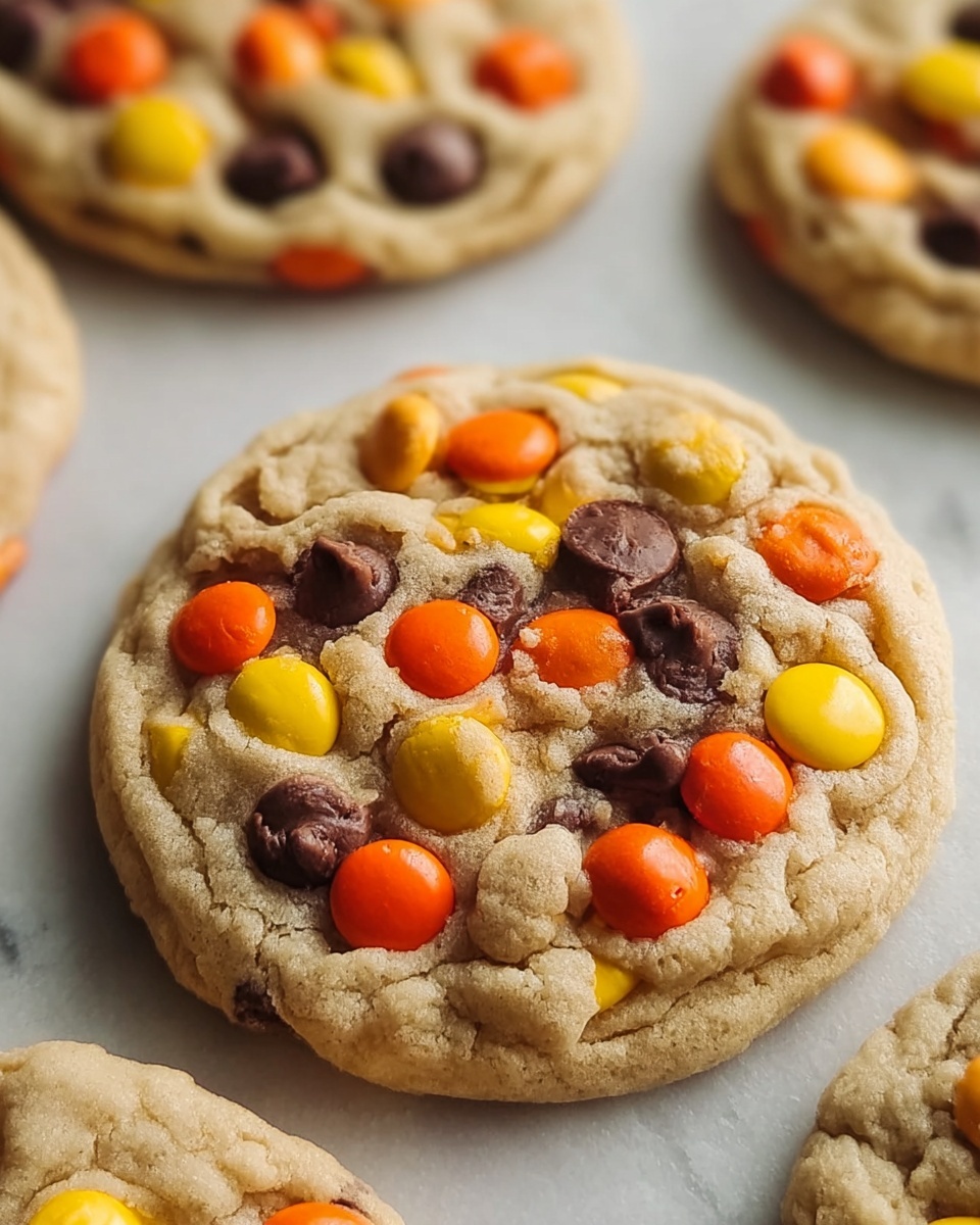 A close-up of a round cookie about 3 to 4 inches wide, with a light golden-brown soft texture and slightly cracked top. The cookie is full of colorful candy pieces layered evenly across the surface in yellow, orange, and brown colors, along with dark brown chocolate chips, all slightly melted into the cookie dough. The cookie is placed on a white marbled surface, surrounded by parts of similar cookies. photo taken with an iphone --ar 4:5 --v 7