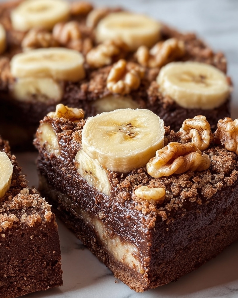 The image shows close-up slices of a chocolate cake with two visible layers; the bottom layer is a dark, moist, and spongy chocolate base, while the top layer is covered with round banana slices and scattered whole walnut pieces on a crumbly, light brown topping. The cake has a soft texture with visible chocolate chunks inside. The background is a white marbled texture. photo taken with an iphone --ar 4:5 --v 7