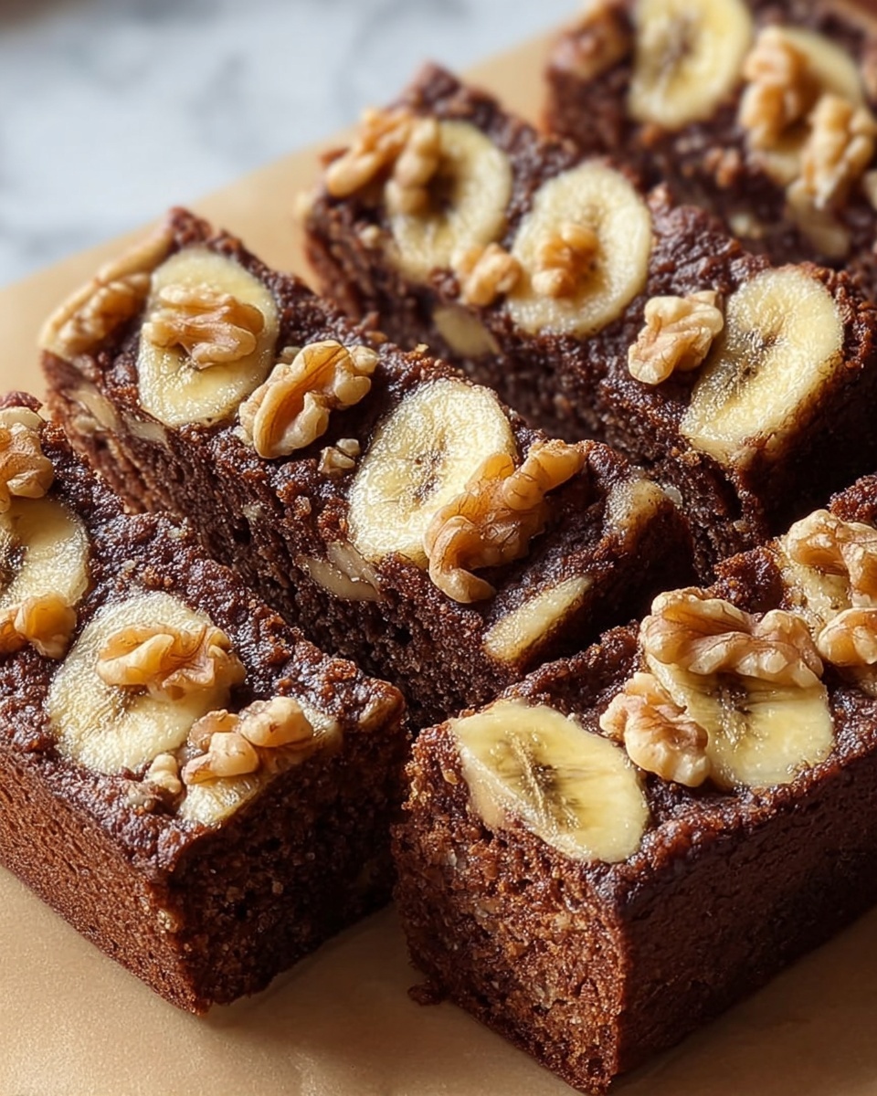 The image shows thick rectangular slices of a chocolate cake with a moist texture, layered with pieces of banana and sprinkled with walnut chunks on top. Each slice has a dark brown color with visible banana slices embedded near the surface, their pale yellow standing out. The walnuts add a rougher pale brown texture on top, spread evenly across each piece. The cake looks soft with a crumbly top layer around the banana and nuts. It is resting on a light tan parchment paper over a white marbled surface. Photo taken with an iphone --ar 4:5 --v 7
