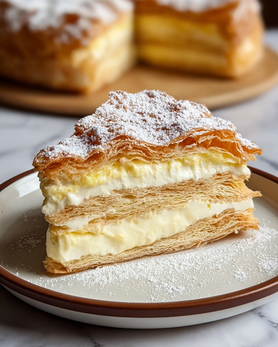 A slice of layered cake is shown on a white plate with a brown rim, placed on a white marbled surface. The cake has three main layers: the bottom and middle layers are light golden, soft, and flaky pastry, while the two filling layers in between are thick, creamy, and pale yellow. The top pastry layer has a slightly crinkled texture dusted with powdered sugar, which also lightly covers the plate around the cake slice. The background shows a blurred view of the rest of the cake on a beige wooden board. Photo taken with an iphone --ar 4:5 --v 7