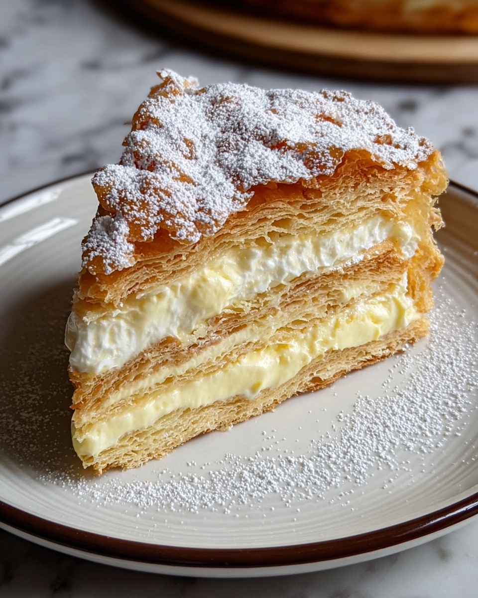 A slice of cream-filled layered cake sits on a white plate with a thin dark brown rim. The cake has three visible layers: the bottom and middle layers are light golden-brown, slightly crumbly pastry, and the two thick middle layers are pale yellow, smooth cream. The top pastry layer is uneven with a textured surface and lightly dusted with white powdered sugar, which also sprinkles the plate around the slice. The scene is set on a white marbled surface. photo taken with an iphone --ar 4:5 --v 7