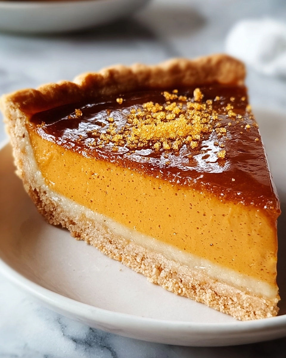 A slice of pie with three distinct layers sits on a white plate over a white marbled surface. The bottom layer is a thin, pale crust with a crumbly texture framing the slice's base and edges. Above it is a thick, smooth orange filling that looks creamy with small specks inside, showing a soft, firm consistency. The top layer is a shiny, dark caramelized brown surface with a sprinkle of golden crumbs or sugar in the center, adding texture and color contrast. photo taken with an iphone --ar 4:5 --v 7