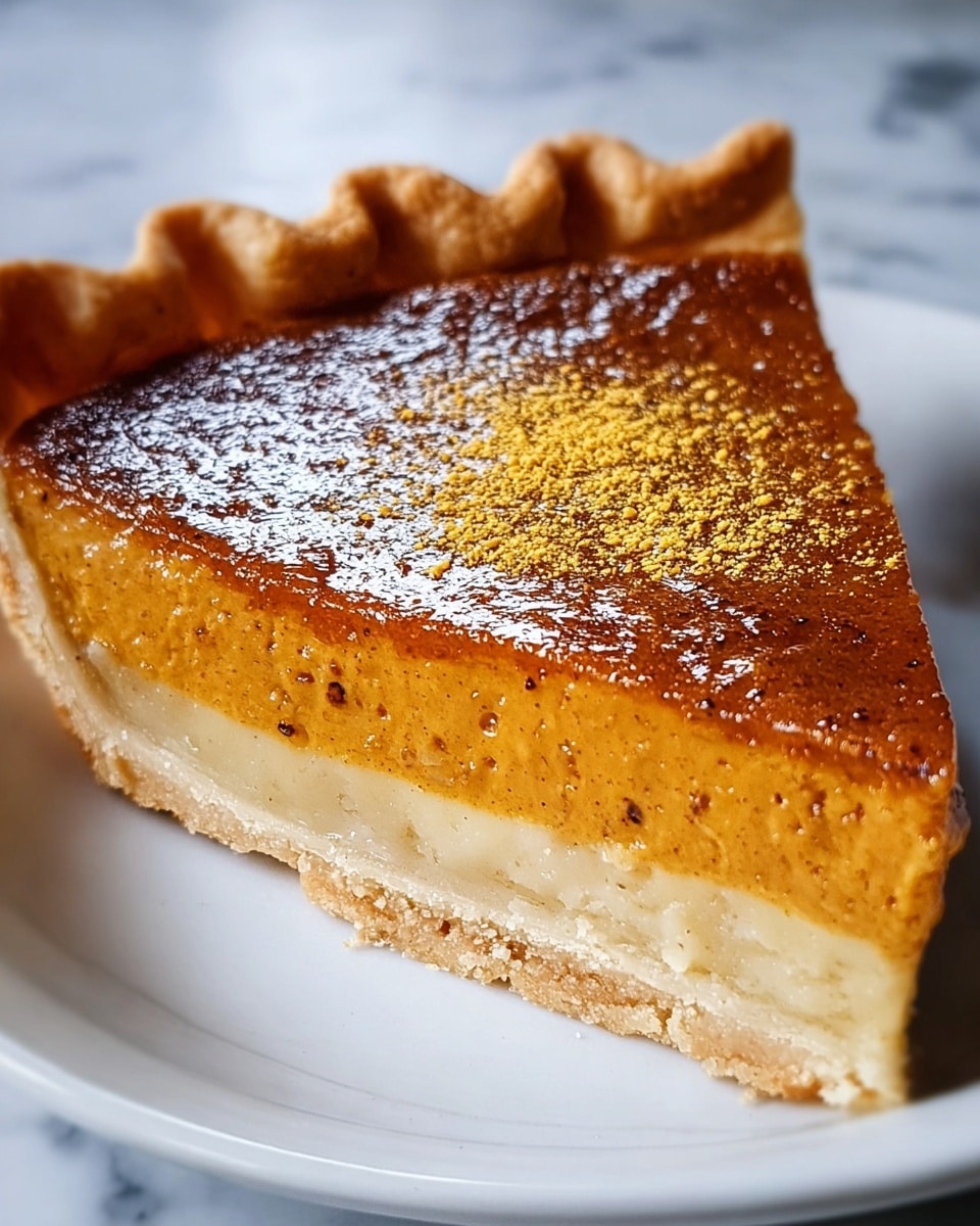A slice of pie on a white plate shows three layers: the bottom layer is a light beige flaky crust, the middle layer is a thick, smooth pumpkin filling in a warm orange color with small dark specks, and the top layer is a slightly shiny, darker orange-brown surface with a dusting of yellow and white powder on top. The edges of the crust have a wavy, golden-brown border. The background is a white marbled texture. photo taken with an iphone --ar 4:5 --v 7