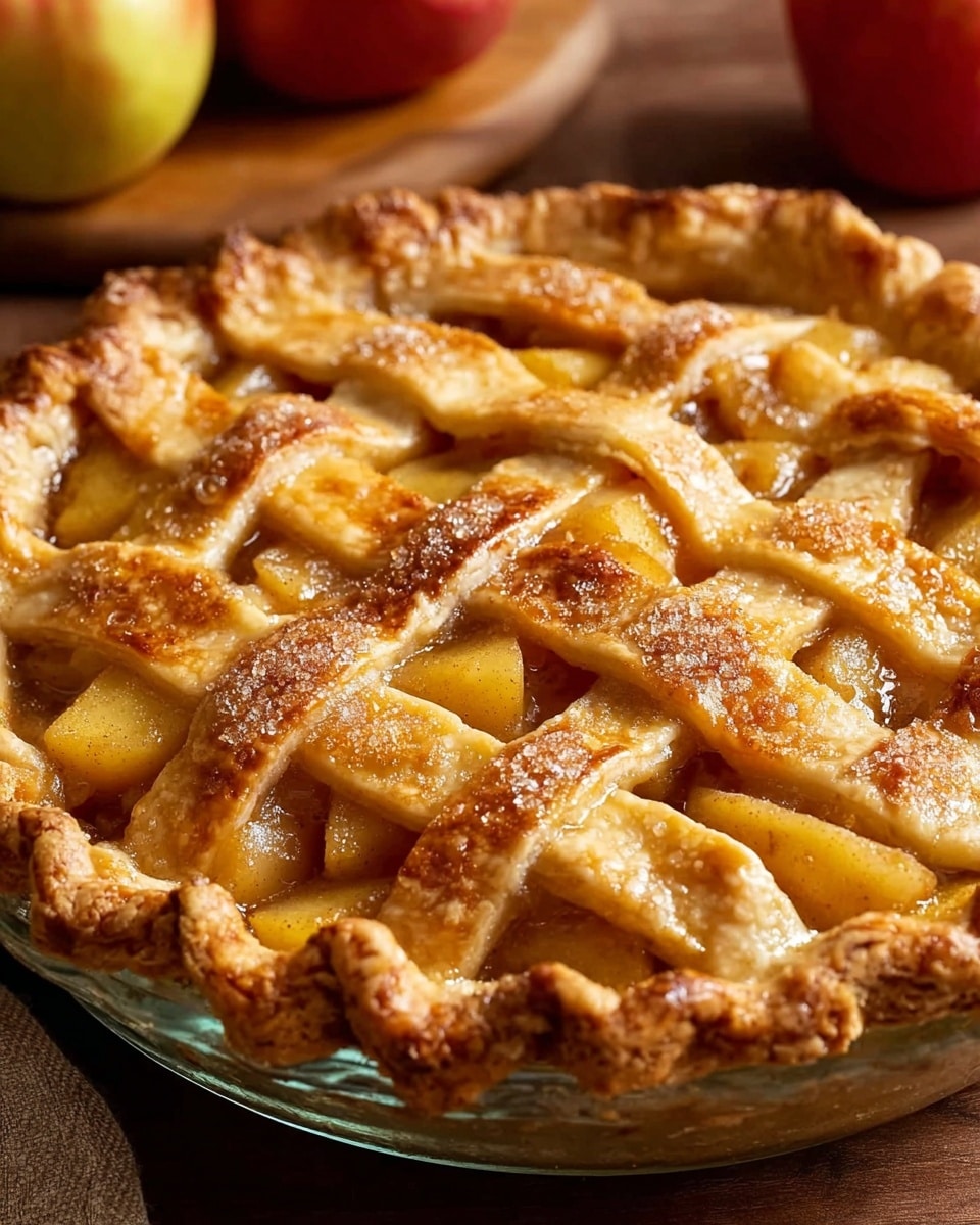 The image shows a golden-brown apple pie with a lattice crust on top, where thick strips of dough are woven in a crisscross pattern. The crust looks flaky and crunchy with visible sugar crystals sparkling on the surface. Inside, yellow apple slices coated in a glossy, light brown sauce peek through the lattice gaps. The pie is baked in a clear glass dish sitting on a wooden surface, and the background has some red apples and a wooden board. The edges of the crust are thick and crimped, adding texture and shape. Photo taken with an iphone --ar 4:5 --v 7