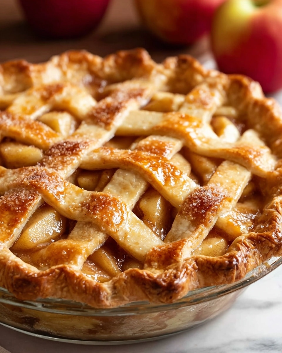 The image shows a golden brown apple pie in a clear glass pie dish. The pie has a lattice crust on top with thick, woven strips of shiny, sugar-coated dough. Inside, you can see soft, juicy apple slices in a brown, syrupy filling visible through the lattice gaps. The crust edges are crimped and browned. The pie sits on a white marbled surface with red apples blurred in the background. Photo taken with an iphone --ar 4:5 --v 7