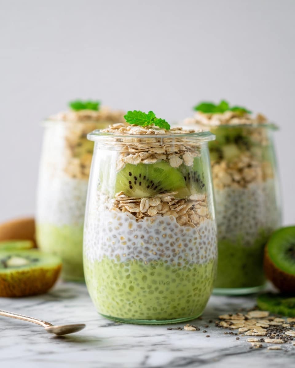 The image shows three clear glass jars with layers of food arranged inside, sitting on a white marbled surface. Each jar has four distinct layers starting from the bottom: a smooth green kiwi puree with visible seeds, a layer of light brown rolled oats, a creamy white chia seed pudding with dark seeds spread throughout, and another layer of green kiwi puree topped with a sprinkle of rolled oats. A small green mint leaf is placed on top of the oats in each jar. In the background, there are blurred jars and fresh kiwi slices, adding more depth to the scene. photo taken with an iphone --ar 4:5 --v 7