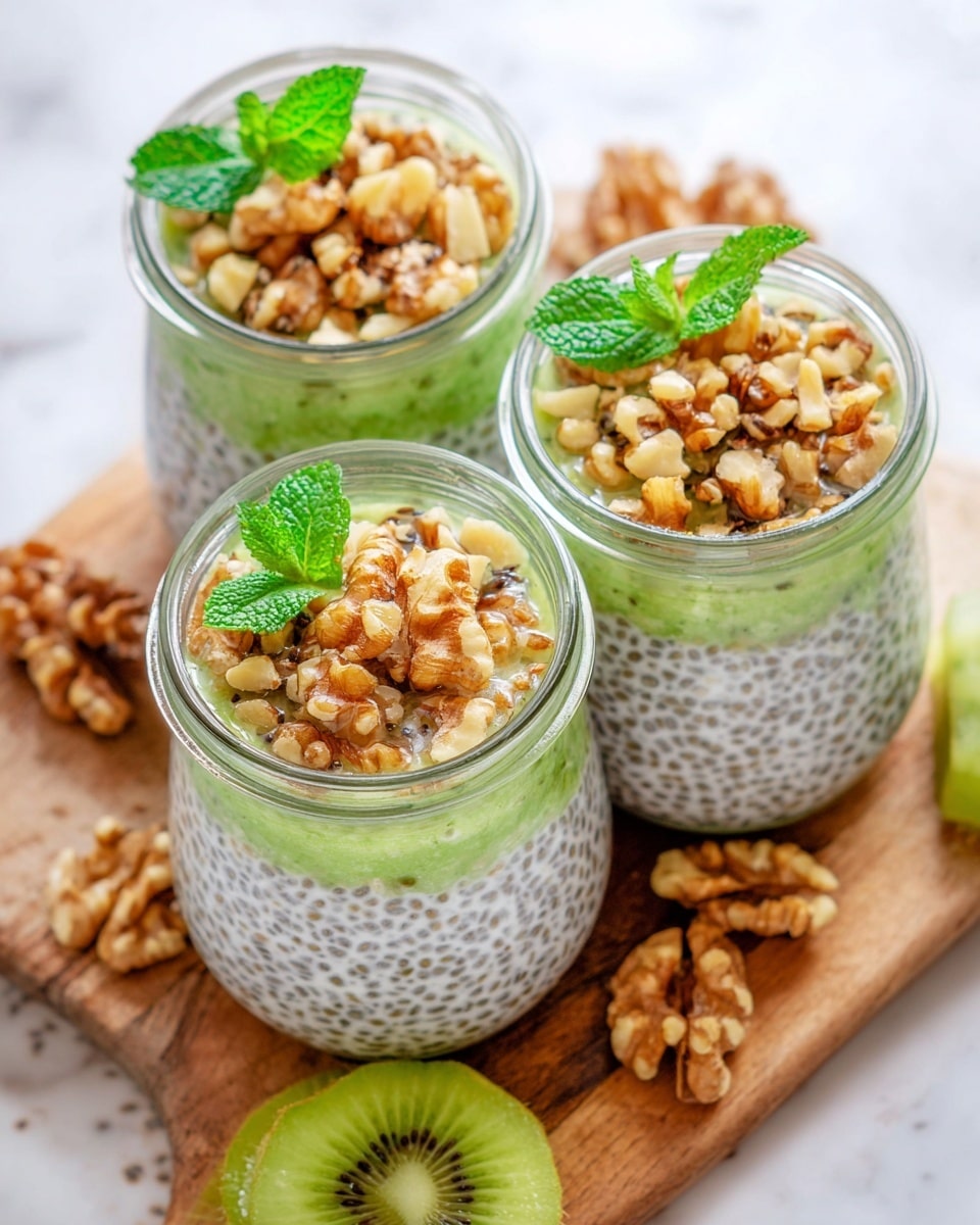 Three jars filled with layered chia pudding are placed closely together on a wooden board over a white marbled surface. Each jar has three visible layers: a bottom layer of green kiwi puree, a middle layer of whitish chia pudding with tiny black chia seeds, and a top layer sprinkled generously with chopped walnuts. A fresh mint leaf decorates the walnuts on two of the jars. Around the jars, there are slices of bright green kiwi and walnut pieces scattered casually. Photo taken with an iphone --ar 4:5 --v 7