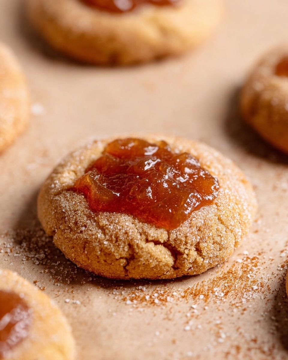 The image shows a close-up of a round cookie with a textured, slightly cracked golden-brown surface. The cookie has a thick layer of shiny, smooth caramel-colored jam or filling spread on top, slightly translucent and glistening. The cookie sits directly on a light beige surface with a sprinkle of granulated sugar and a faint dusting of cinnamon nearby. In the background, more cookies with the same texture and topping are slightly out of focus, creating depth. The lighting highlights the cookie’s rough edges and the glossy shine of the jam. photo taken with an iphone --ar 4:5 --v 7