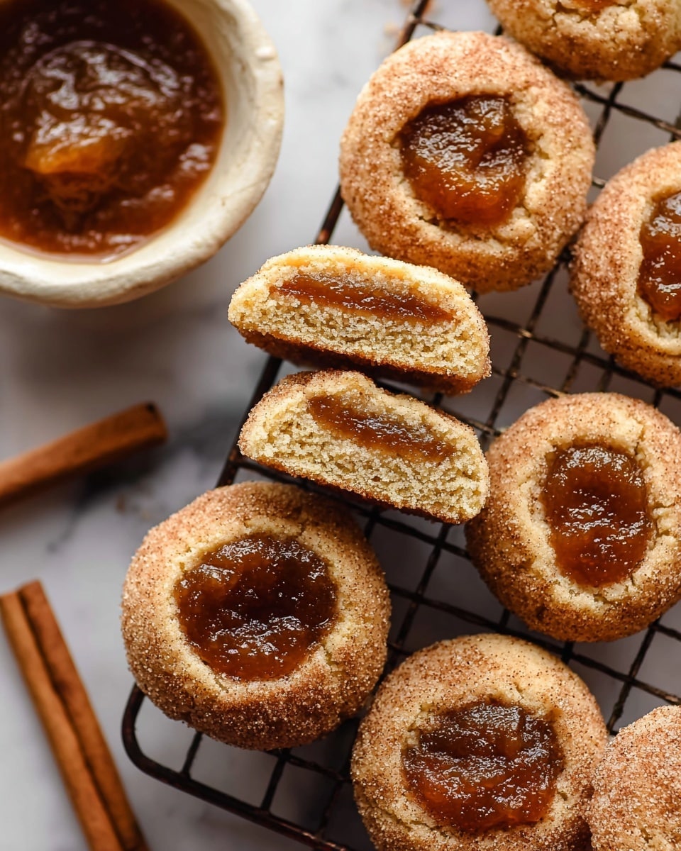 The image shows a group of seven round cookies on a cooling rack over a white marbled surface. Each cookie has a light golden brown outer dough layer covered with a cinnamon-sugar texture, and a slightly darker, sticky jam-like filling in the center. One cookie is broken in half and stacked on top of a whole cookie, revealing two layers inside: a soft, grainy dough layer on the outside and a thick, smooth brown filling in the middle. To the side, part of a white bowl with brown jam is visible, and near the bottom left, two cinnamon sticks add a rustic touch. Photo taken with an iphone --ar 4:5 --v 7