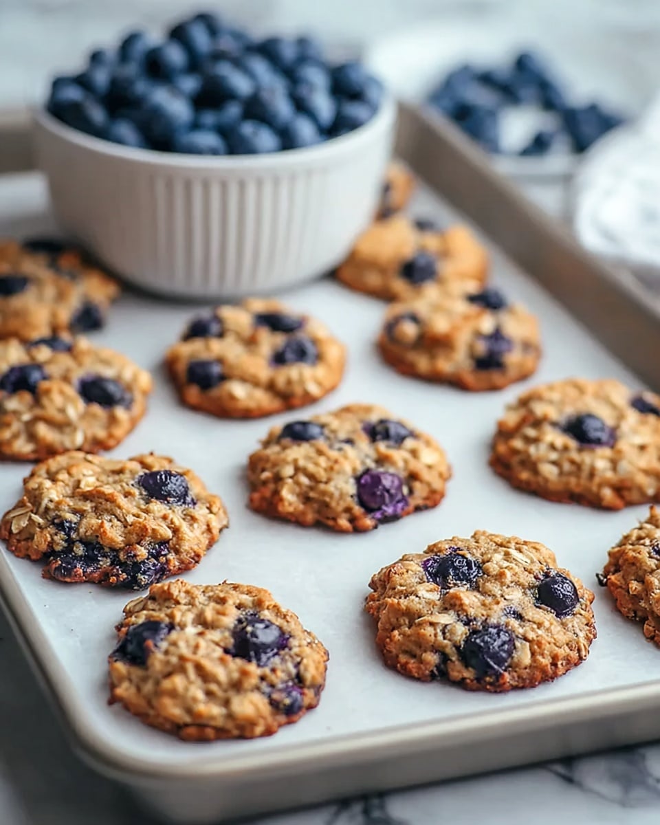The image shows a baking tray lined with white parchment paper holding ten oatmeal cookies with scattered dark purple blueberries baked in. The cookies are golden brown with a rough, textured surface showing the oats, and the blueberries add spots of deep purple-blue color. In the background, there is a white bowl filled with fresh blueberries on a white marbled surface, softly blurred to keep focus on the cookies. The overall scene is bright and clean, emphasizing the homemade, rustic look of the cookies. photo taken with an iphone --ar 4:5 --v 7