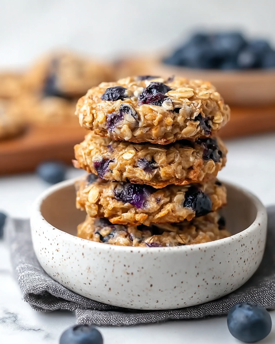 A stack of four oatmeal cookies with visible blueberries is placed inside a white speckled bowl on top of a folded gray cloth. Each cookie has a textured surface with golden-brown oats and dark purple blueberries embedded throughout. The cookies are thick with rough edges and look soft and chewy. In the background, a white marbled surface is visible with some blurred blueberries and more cookies on a wooden tray. Photo taken with an iphone --ar 4:5 --v 7