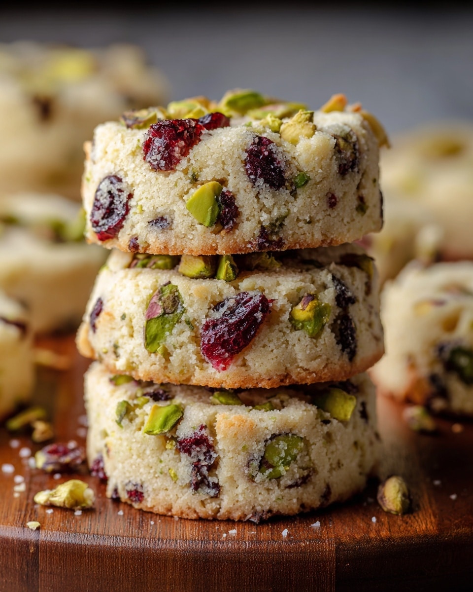 The image shows a stack of three thick, round cookies on a wooden surface. Each cookie has a pale, crumbly texture with visible green pistachio pieces and dark red dried cranberries embedded throughout. The edges of the cookies are slightly browned, and a few crumbs are scattered around. In the background, more cookies of the same style are out of focus, all resting on a white marbled surface. The photo taken with an iphone --ar 4:5 --v 7