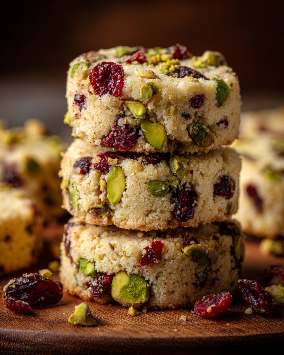 The image shows a stack of three round shortbread cookies with a crumbly texture. Each cookie is light golden in color with vibrant green pistachio pieces and bright red dried cranberries scattered throughout. The cookies have slightly browned edges and a rough, grainy surface. More cookies lie around the stack on a wooden surface, with some cranberries and pistachio crumbs visible nearby. The background is softly blurred with warm brown tones. photo taken with an iphone --ar 4:5 --v 7