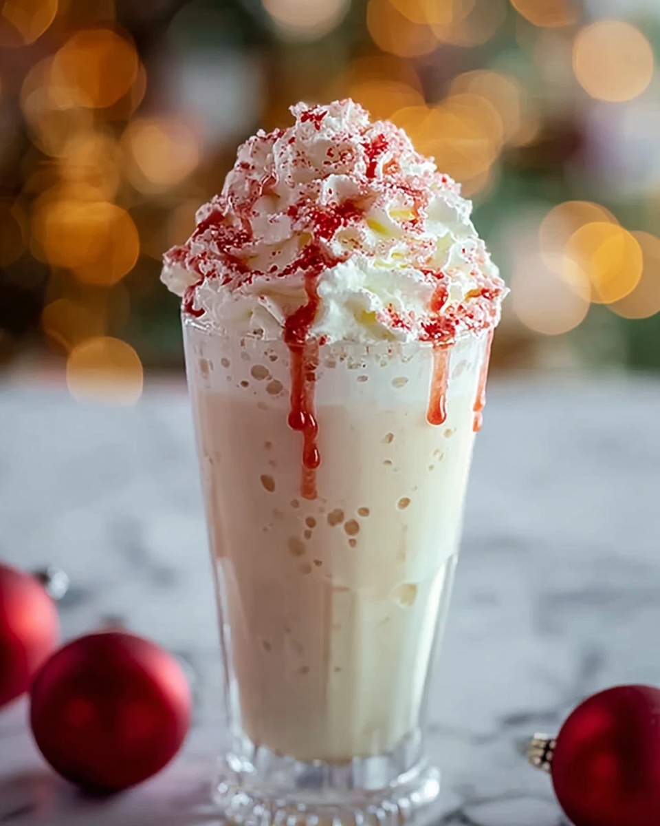 A tall clear glass filled with a pale creamy drink showing tiny bubbles rising inside. On top, there is a thick, fluffy layer of white whipped cream that rises above the glass edge. Red syrup is gently drizzled over the whipped cream, some of it dripping slightly down the glass. Small red sprinkles add a festive touch on top of the whipped cream. The background shows soft lights and blurry red round ornaments on a white marbled surface. photo taken with an iphone --ar 4:5 --v 7