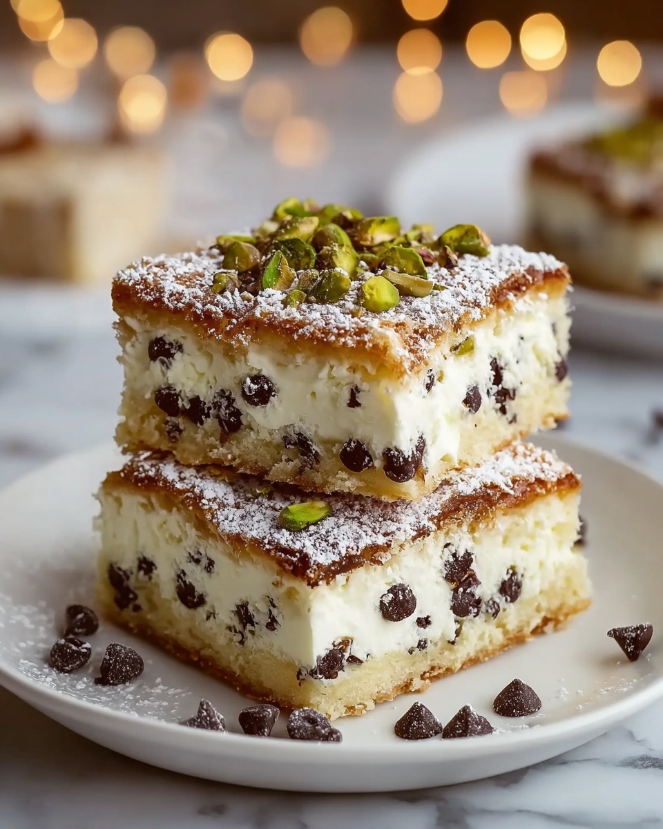Two dessert bars stacked on a white plate with a white marbled background. Each bar has three layers: a golden-brown crust at the bottom, a thick white cream layer in the middle filled with small dark chocolate chips, and a golden-brown top crust dusted with white powdered sugar. The top bar is decorated with green pistachio pieces and dark chocolate chips scattered on top and around the plate. The image is softly lit with warm, blurred lights in the background. photo taken with an iphone --ar 4:5 --v 7