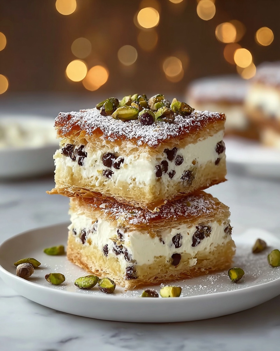The image shows two layered square pastry pieces stacked on a white plate placed on a white marbled surface. Each piece has three layers: a top golden-brown crispy pastry layer dusted with white powdered sugar, a middle thick creamy white layer mixed with small dark chocolate chips, and a bottom golden-brown crispy pastry layer. The top pastry piece is garnished with scattered green pistachio nuts, some of which also lie on the plate around the pastries. The background is softly blurred with warm, round light bokeh. photo taken with an iphone --ar 4:5 --v 7