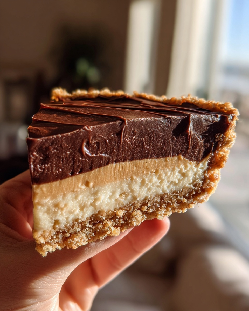 A slice of pie with three clear layers held by a woman's hand is shown. The bottom layer is a crumbly crust colored light brown with a rough texture. Above it is a thick, smooth, creamy layer in a pale tan shade. The top layer is a rich, dark brown chocolate with a glossy and slightly wavy surface. The slice is set against a blurred background with soft natural light coming from a window. Photo taken with an iphone --ar 4:5 --v 7