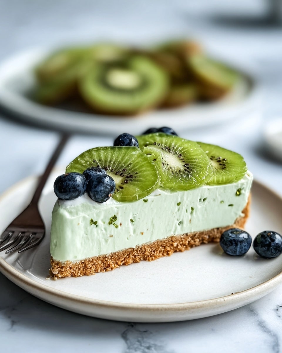 A slice of dessert with three visible layers: the bottom layer is a light brown crumbly crust, the middle layer is a thick pale green creamy filling with small darker green bits spread evenly, and the top layer is decorated with several thin, round, bright green slices of kiwi and scattered dark blue whole blueberries. The slice is placed on a white plate with a slightly raised edge, set on a white marbled surface. In the background, a blurred plate holds more kiwi slices and a dark fork lies next to the dessert slice. photo taken with an iphone --ar 4:5 --v 7