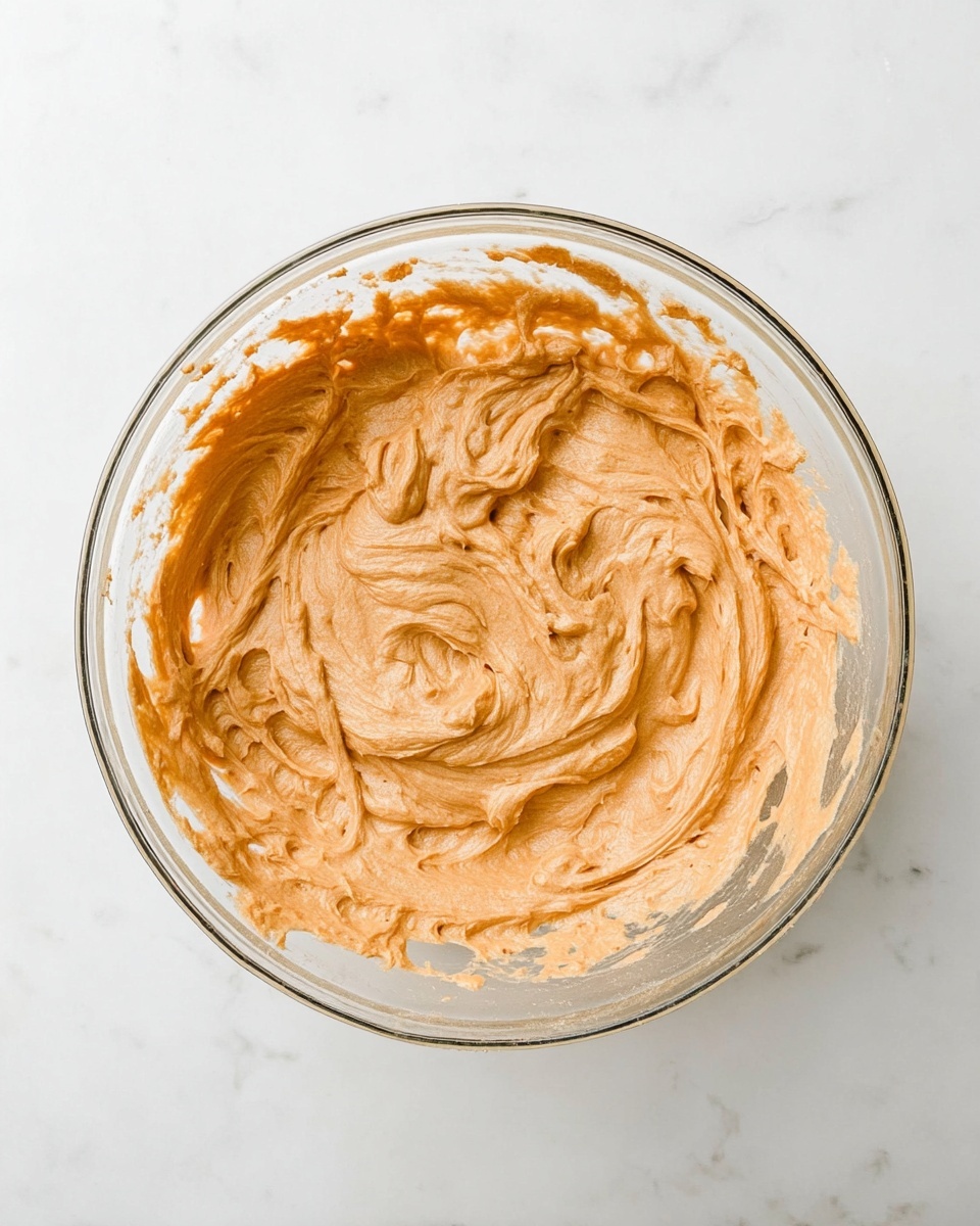 A clear glass bowl filled with a thick, creamy, light brown mixture that has a smooth, swirled texture, with visible soft peaks and ridges throughout. There is no spoon or utensil in the bowl, and the bowl is set on a white marbled surface. The mixture fills most of the bowl, showing some mixture residue along the sides. photo taken with an iphone --ar 4:5 --v 7