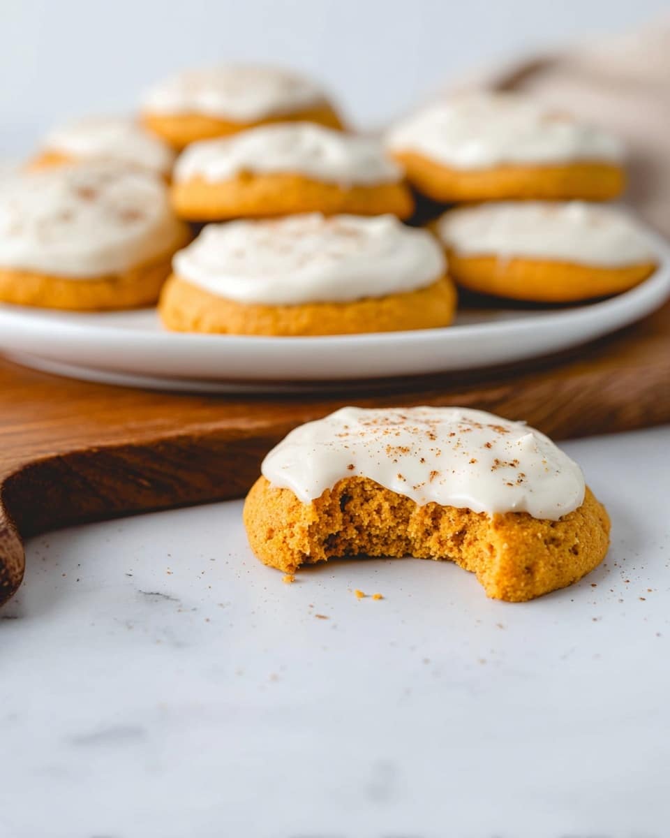 The image shows two round orange cookies with a soft texture, each topped with a smooth layer of white frosting sprinkled with light brown spice. One cookie is placed on a white marbled surface, and the other cookie, which has a bite taken out of it, rests partly on the corner of a wooden board. In the background, there is a white plate filled with similar cookies slightly out of focus, all having the same frosting and spice topping. The overall setting is clean and bright with a white marbled texture surface. photo taken with an iphone --ar 4:5 --v 7