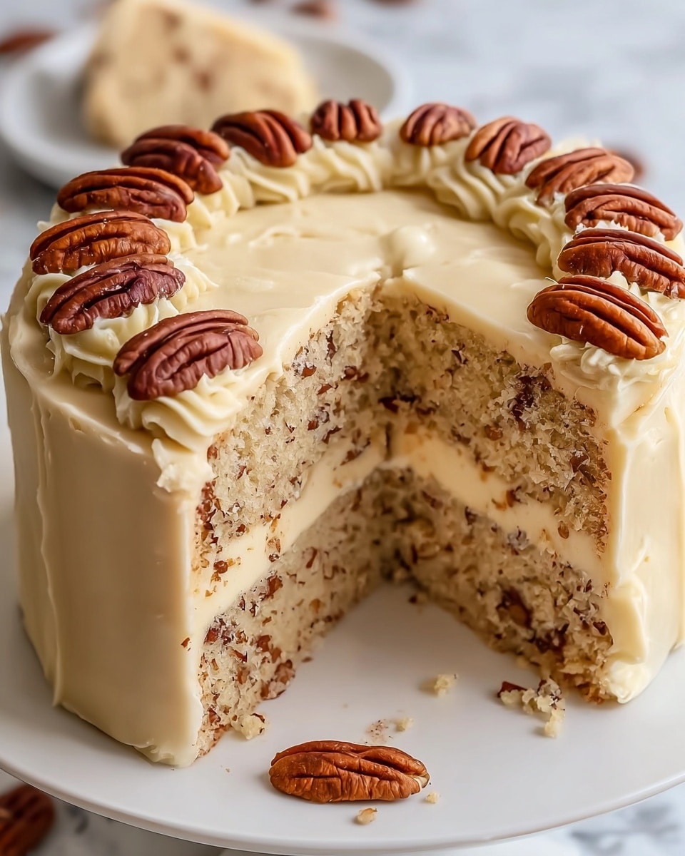 The image shows a two-layer cake on a white plate placed on a white marbled surface. The cake has a light beige crumb with small bits inside, separated by a thick layer of smooth, pale cream frosting. The outside is coated evenly with the same cream frosting, and the top is decorated with whole pecan nuts placed in a ring near the edge. One slice is missing, revealing the cake’s moist texture and the creamy frosting layer inside. A pecan nut lies on the plate near the empty space where the slice was taken. photo taken with an iphone --ar 4:5 --v 7
