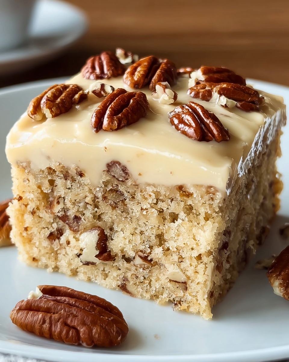 A single square piece of light tan cake with visible small nut pieces inside, topped with a smooth, thick layer of creamy light beige frosting, and decorated with whole and halved shiny brown pecans scattered evenly on top. The cake sits on a white plate over a white marbled surface with a few pecan pieces next to it. The background is blurred wood, and the image is close-up, showing the soft texture of the cake and the glossy nuts. photo taken with an iphone --ar 4:5 --v 7