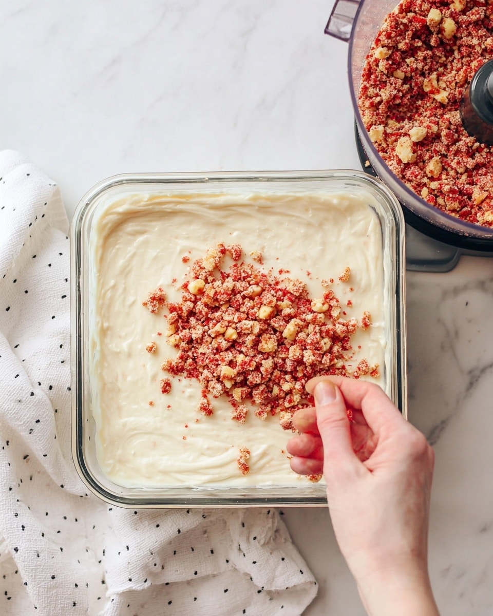 A clear glass square dish holds one thick layer of smooth, creamy white batter spread evenly inside. On top, a woman's hand is sprinkling a crumbly topping made of red and tan pieces, adding a textured layer. To the upper right, there is a clear food processor bowl filled with the same red and tan crumb mixture. The dish sits on a white marbled surface with a white cloth dotted in dark small spots nearby. photo taken with an iphone --ar 4:5 --v 7