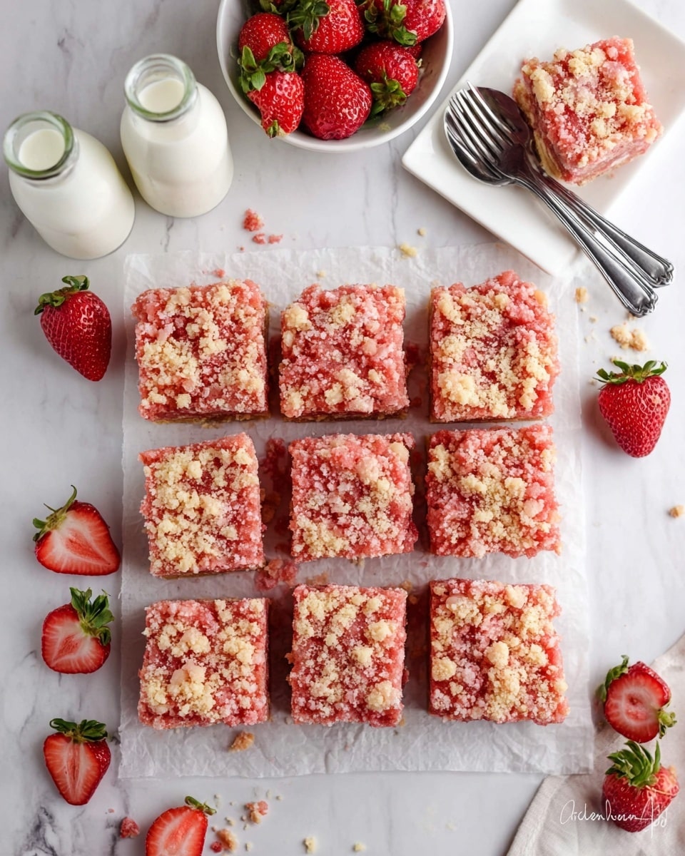 Nine square pieces of a strawberry dessert are arranged in a 3 by 3 grid on a white parchment paper over a white marbled surface. Each piece has a pinkish-red crumbly top layer with bits of light yellow crumbs mixed in, and a soft, light pink middle layer visible between the crumbs. Around the dessert squares are a few whole fresh strawberries and one halved strawberry showing a red inside with green leaves on top. At the top left, two small bottles of milk are placed beside a small white bowl filled with fresh strawberries. On the top right, a white rectangular plate holds two silver forks and one strawberry. The scene is clean and bright, with crumbs scattered lightly around the dessert. photo taken with an iphone --ar 4:5 --v 7
