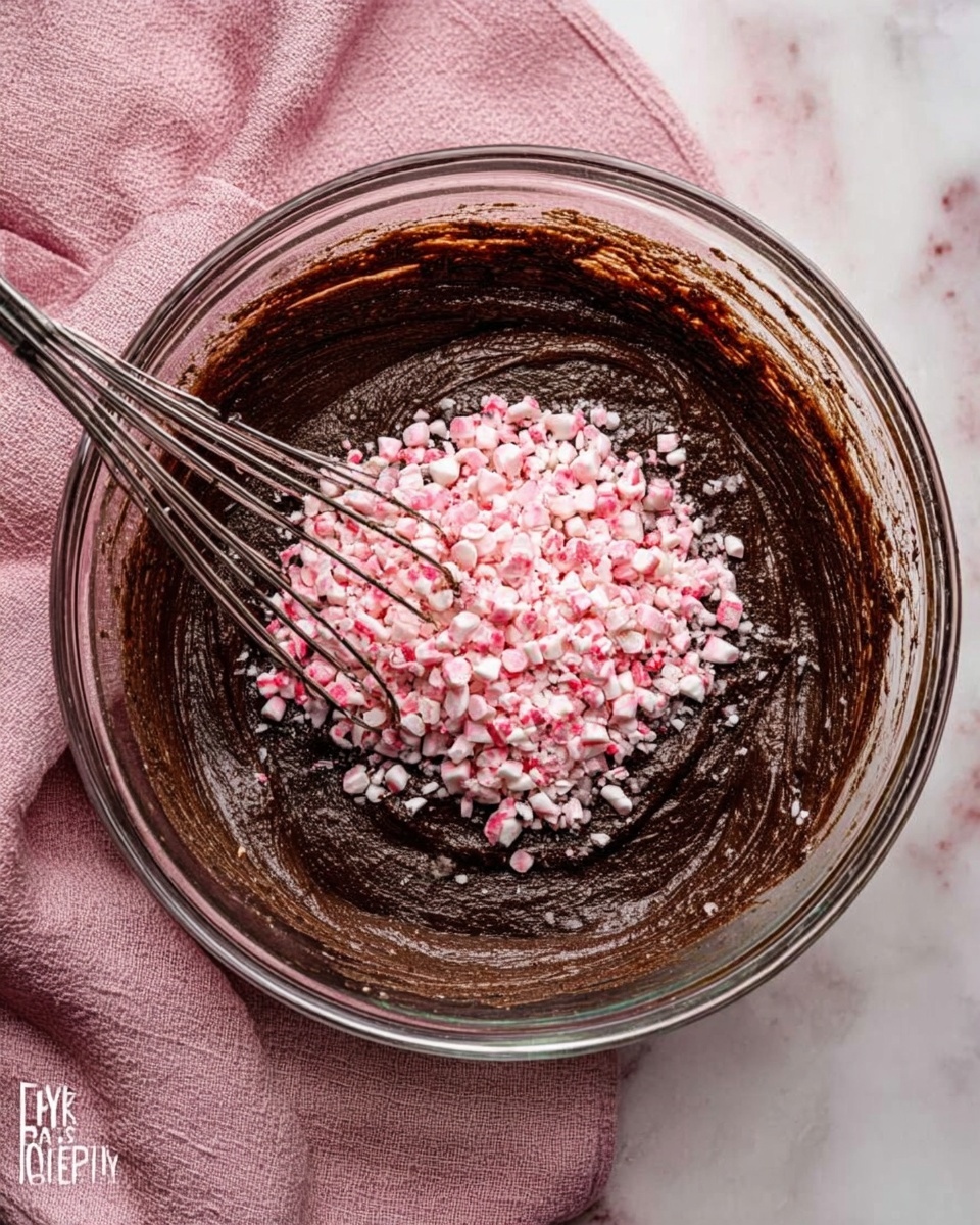A clear glass bowl sits on a white marbled surface, filled with dark brown chocolate batter with a smooth and thick texture, covering about two-thirds of the bowl's inside. In the center of the batter is a mound of small, light pink and white peppermint pieces. A silver whisk leans inside the bowl, touching the peppermint bits, ready to mix. A soft pink cloth napkin is placed next to the bowl. photo taken with an iphone --ar 4:5 --v 7