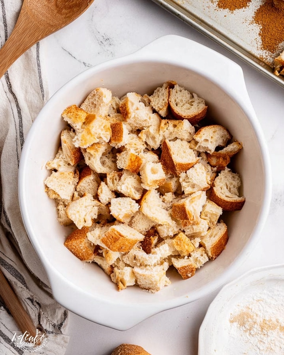 The image shows a white bowl filled with torn pieces of light brown bread with some darker brown crust pieces mixed throughout. The bread looks soft and slightly uneven in size. The bowl sits on a white marbled surface, surrounded by a striped cloth on the left and parts of some cooking tools and ingredients on the top right, including a wooden spoon and a metal baking tray with bread inside. Nearby, a white plate with small amounts of flour and brown spices partially shows. The overall colors are warm and neutral, with a focus on the textures of the bread pieces inside the bowl. photo taken with an iphone --ar 4:5 --v 7