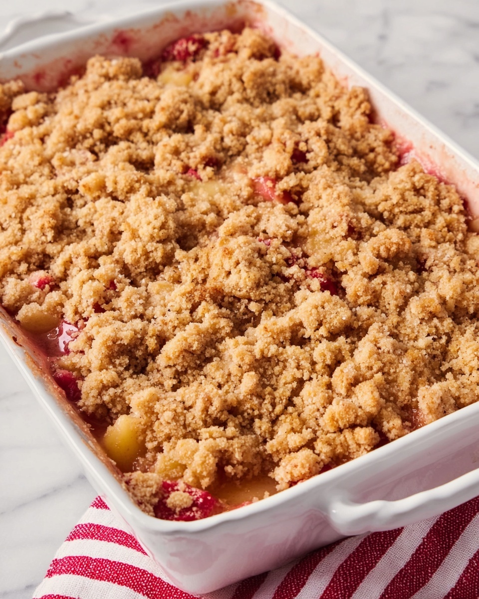 A baked dish in a white rectangular ceramic baking dish is shown close up, filled with a crumbly, golden-brown topping that covers small pieces of soft fruit beneath. The topping is coarse and uneven with a light tan color, while bits of pink and yellow fruit peek through in patches, creating a mix of warm tones. The dish rests on a white marbled surface with a red and white striped cloth visible at the bottom edge of the image. Photo taken with an iphone --ar 4:5 --v 7