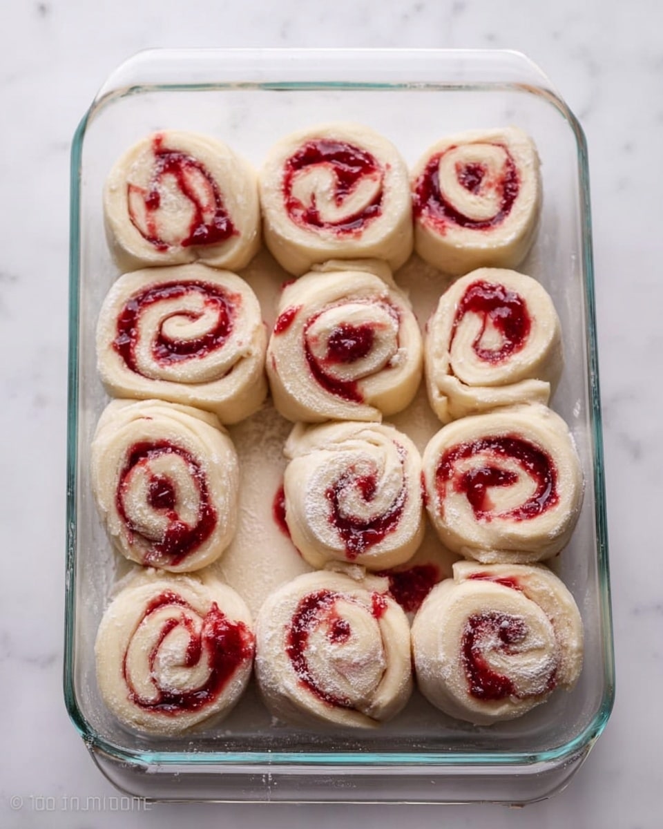 The image shows twelve round dough rolls inside a clear rectangular glass dish, arranged in three rows of four. Each roll is swirled with a bright red filling that contrasts with the pale soft dough. The dough is slightly floured on top, and some red filling has leaked a little around the edges of a few rolls. The dish is set on a white marbled surface. photo taken with an iphone --ar 4:5 --v 7