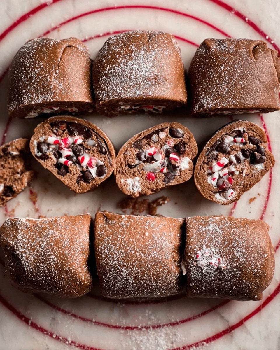 The image shows a row of six brown dough pieces dusted lightly with white flour, placed horizontally on a white marbled surface with red circular lines underneath. Three of the dough pieces are whole, and three are sliced to show the inside filled with dark chocolate chunks and small white and red candy pieces, arranged in swirls. The dough looks soft and slightly shiny. One dough slice on the left is irregularly shaped, the two on the right are more round, all showing textured fillings. Photo taken with an iphone --ar 4:5 --v 7