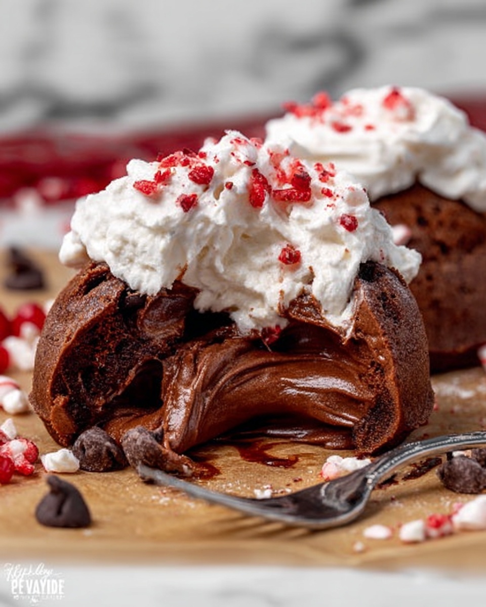 The image shows a close-up of a rich chocolate dessert broken open to reveal soft, smooth, dark brown chocolate inside. On top, there is a thick layer of white whipped cream with small red candy pieces sprinkled over it. The dessert sits on light brown parchment paper with scattered chocolate chips and more red candy bits around it. A silver fork rests beside the dessert, partly in view. The background is a white marbled texture. Photo taken with an iphone --ar 4:5 --v 7