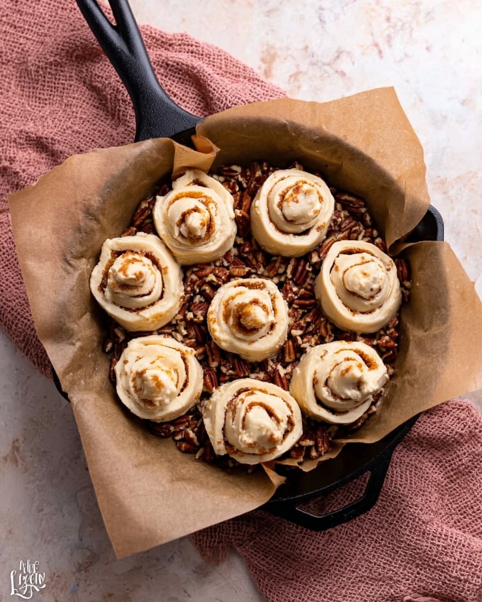 The image shows a black cast iron skillet lined with light brown parchment paper, placed on a soft pink textured cloth and a white marbled surface. Inside the skillet, there is a bottom layer of chopped pecans that look dark brown and crunchy, covering the base fully. On top of the pecans, there are nine raw cinnamon roll dough pieces arranged in three rows of three. Each dough piece is cream-colored with visible spiral swirls of cinnamon brown. The dough rolls have a soft, smooth texture and are evenly spaced. Photo taken with an iphone --ar 4:5 --v 7