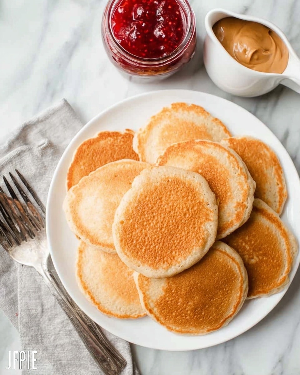 A white plate holds seven light golden brown pancakes that are softly textured and slightly fluffy, arranged in a slightly overlapping circular pattern. Next to the plate is a glass jar filled with red strawberry jam, showing a glossy and chunky texture, and a small white pitcher filled with smooth, light brown peanut butter. Two silver forks rest on a folded light gray cloth napkin with a subtle stitched edge, against a white marbled surface background. photo taken with an iphone --ar 4:5 --v 7