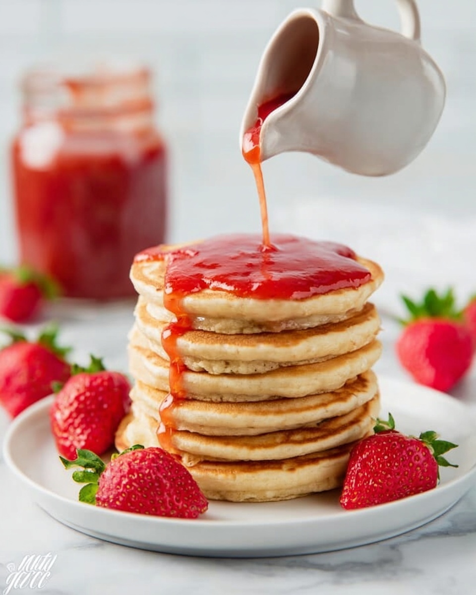 A stack of seven golden brown pancakes sits in the center of a white plate on a white marbled surface. A white small pitcher pours bright red strawberry sauce that flows down the top and sides of the pancakes, adding a shiny, smooth texture. Around the plate, fresh red strawberries with green leaves are scattered, and a glass jar filled with the same red sauce is blurred in the background. The scene is bright and clean, with soft natural light highlighting the pancakes' fluffy texture and the sauce’s glossy shine photo taken with an iphone --ar 4:5 --v 7