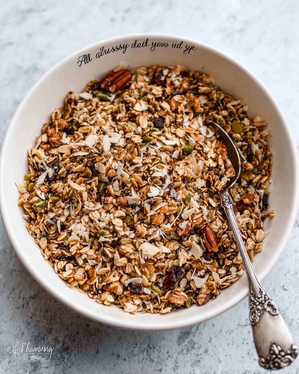 The image shows a white bowl filled with a mixture of granola made up of small chunks of oats, nuts, and seeds in shades of light brown and dark beige. The granola has a rough, crunchy texture with visible chopped nuts and seeds spread evenly throughout. The bowl sits on a white marbled surface. Inside the rim of the bowl, there is faint text that reads