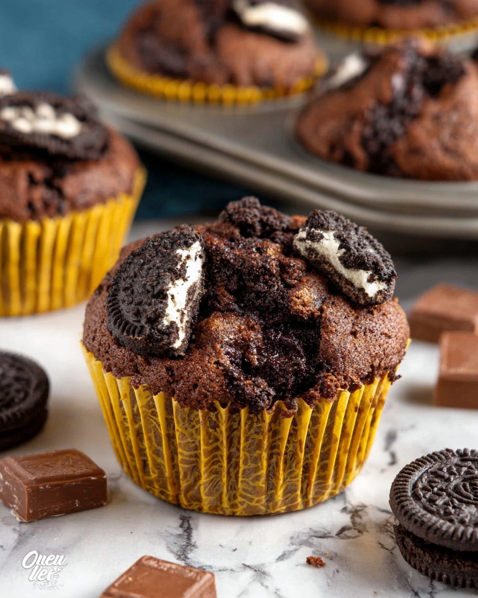 The image shows a close-up of a chocolate muffin inside a yellow paper liner, placed on a white marbled surface. The muffin has a rough, cracked top texture with visible melted chocolate chunks and three broken black and white sandwich cookie pieces embedded on top. Surrounding the muffin are whole sandwich cookies and small square pieces of chocolate. In the background, other muffins in yellow liners sit in a metal baking tray. The colors are rich brown for the muffin and chocolate, contrasted with the black and white cookie pieces. The photo taken with an iphone --ar 4:5 --v 7