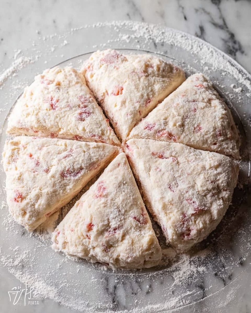 A round dough is cut into eight triangular pieces and placed flat on a floured clear surface. The dough has a pale cream color with pinkish-red bits mixed inside, giving it a speckled look. The texture appears slightly rough with light cracks on the surface, dusted heavily with white flour. The pieces remain closely arranged in a circle, almost touching each other, showing some separation lines between them. The background is a white marbled texture. Photo taken with an iphone --ar 4:5 --v 7