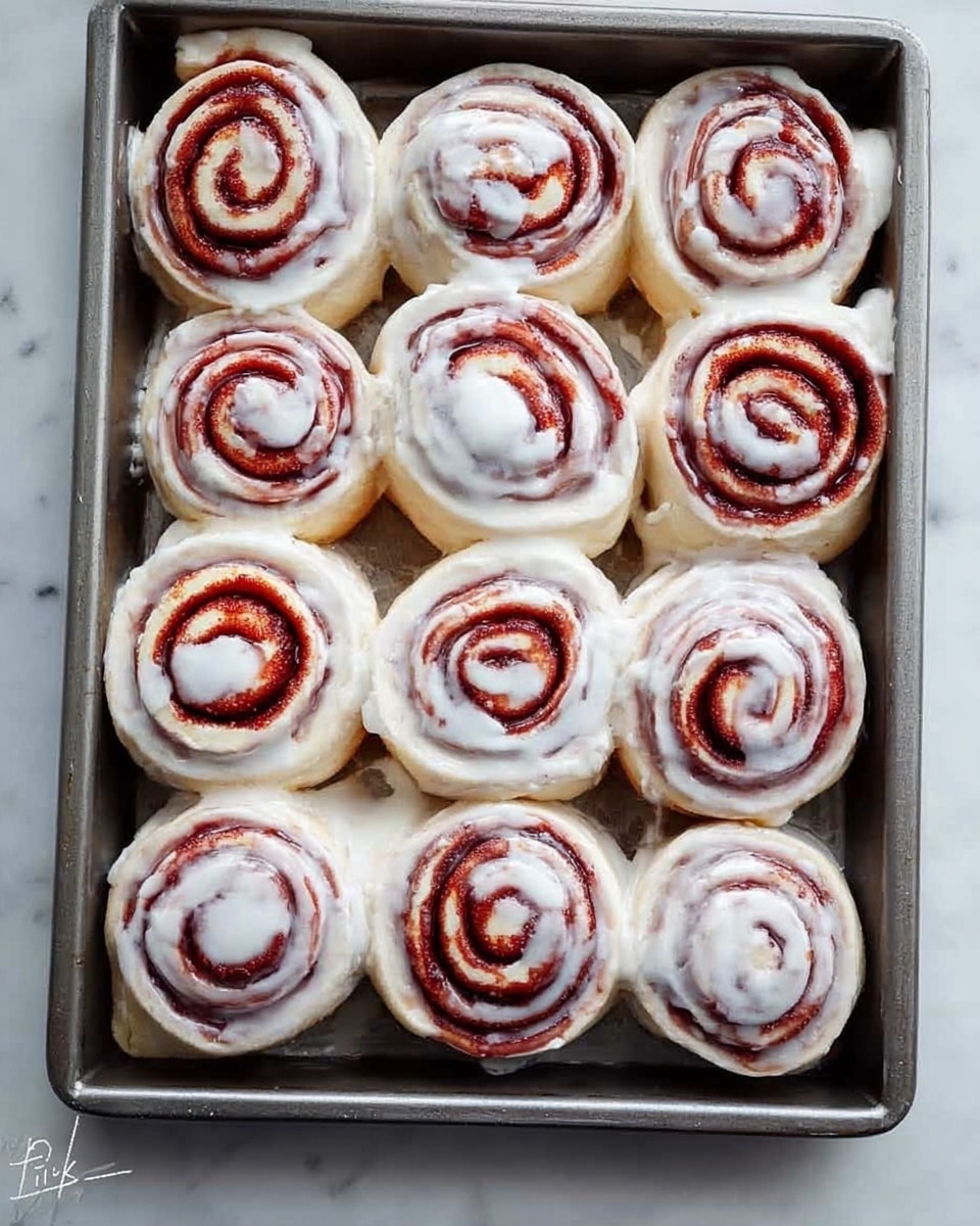 A metal tray filled with fifteen raw cinnamon rolls arranged in three rows of five. Each roll shows tight, visible swirls of dough and cinnamon filling, coated with a light layer of white icing that shines slightly. The dough is smooth and pale, and the cinnamon filling is a deep reddish-brown color, contrasting against the white icing. The tray sits on a white marbled surface that adds a clean, bright background to the image. photo taken with an iphone --ar 4:5 --v 7